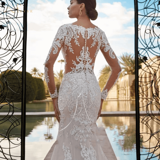 Long sleeve wedding dresses| lace mermaid wedding dress
