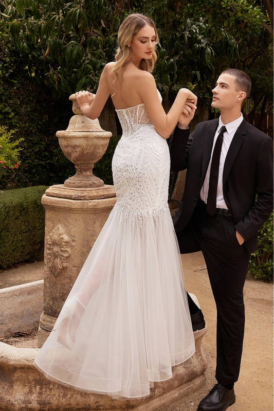 Long beaded off the shoulder sweetheart mermaid wedding dress side view by Howedding