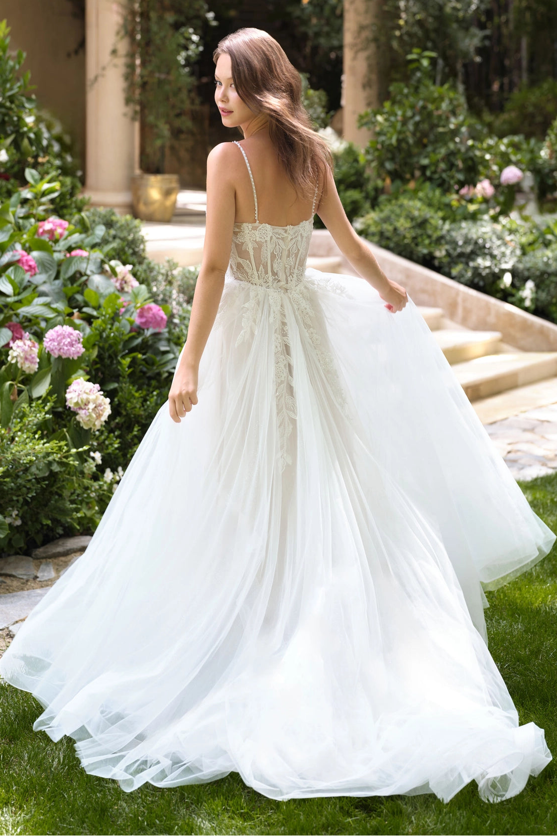 Spaghetti straps corset A-line lace wedding dress back view by Howedding