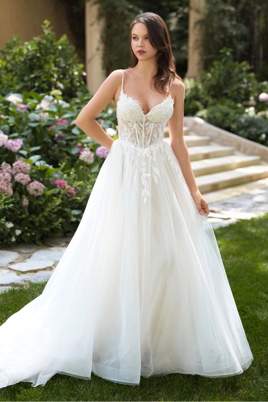 Floral lace applique spaghetti straps corset A-line wedding dress by Howedding