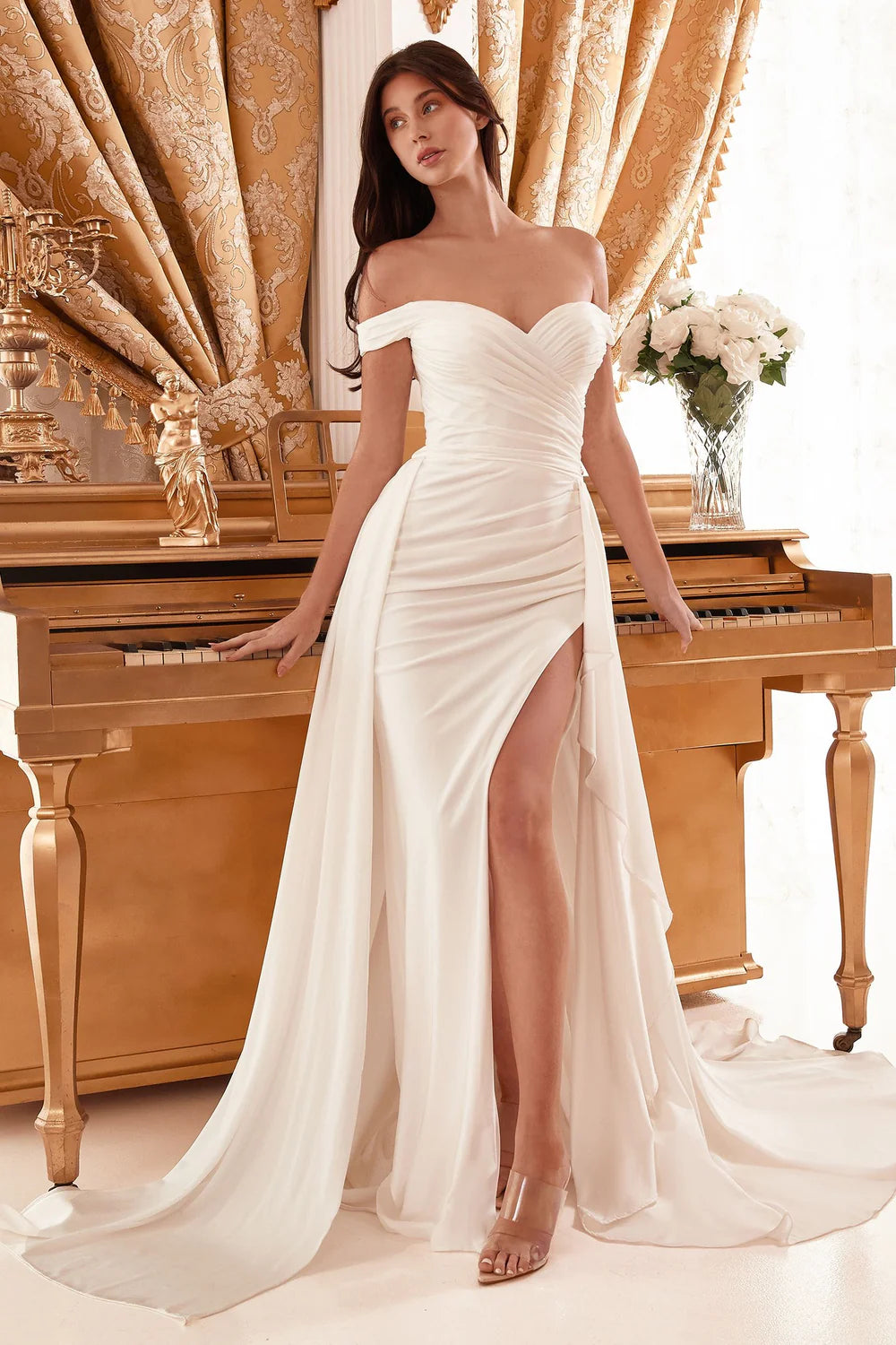 2026-99 Draped Off the Shoulder Wedding Dress with Overskirt