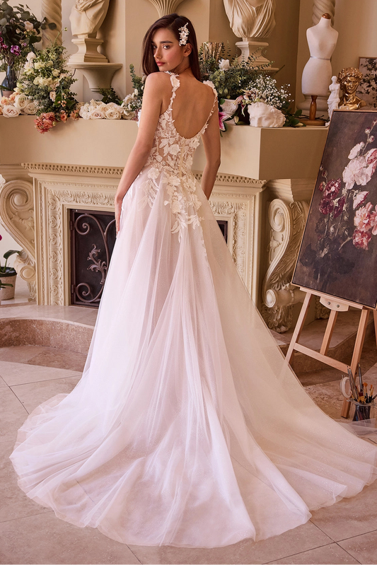 Lace appliqued tulle A-line wedding dress back view by Howedding