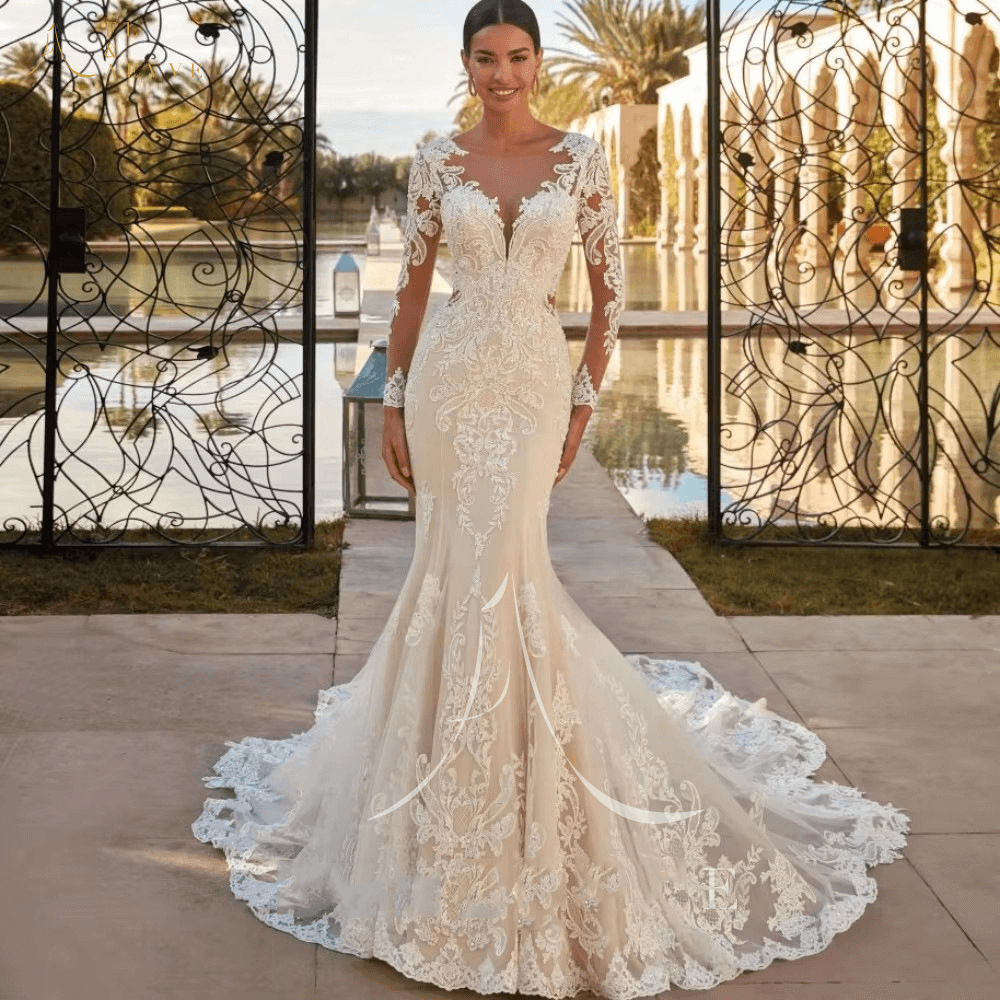 Long sleeve wedding dresses| lace mermaid wedding dress