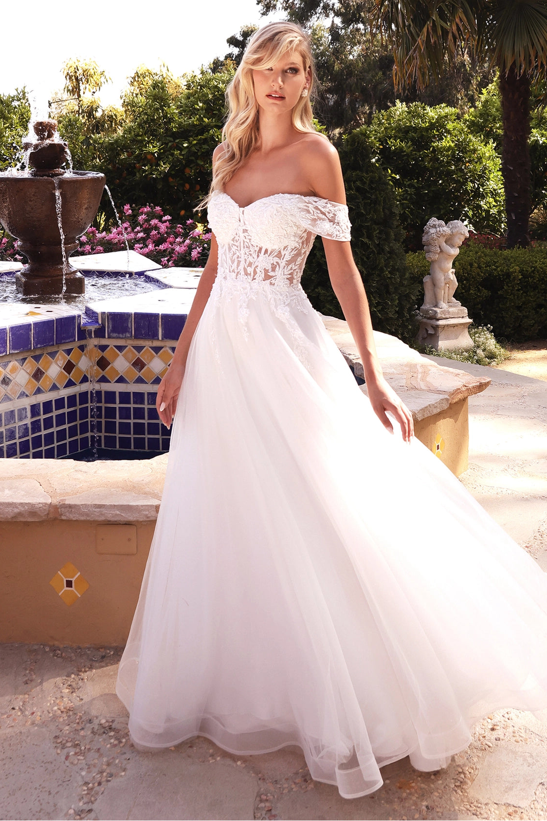 Lace off the shoulder A-line wedding dress details by Howedding