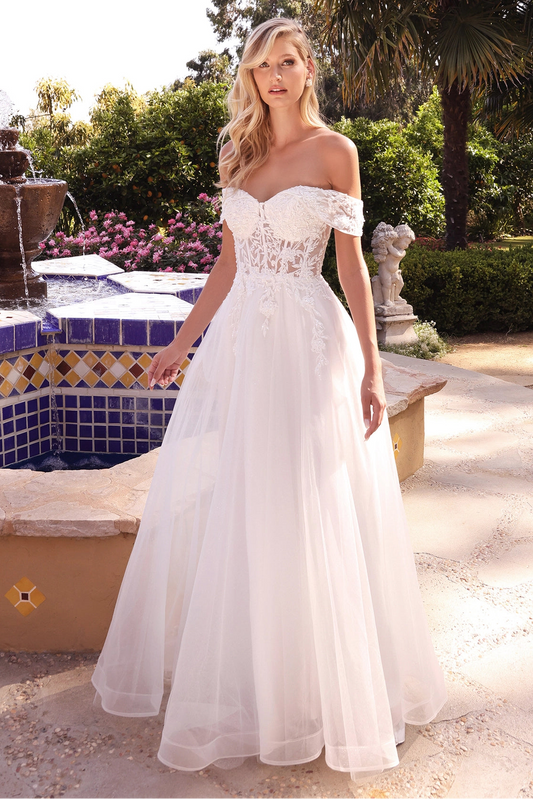 Lace off the shoulder A-line wedding dress full length by Howedding