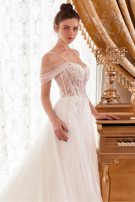 Layered tulle A-line corset wedding dress side view by Howedding