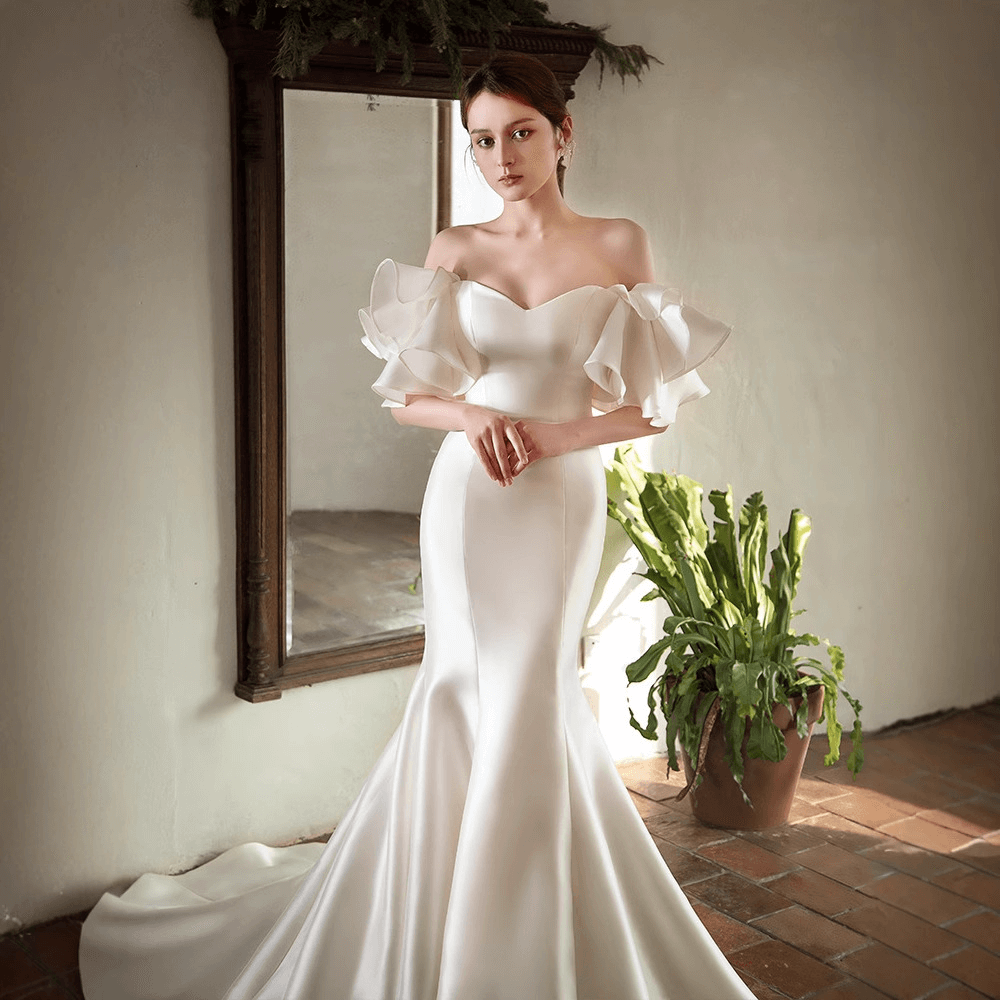 chinese dress ladies One Shoulder Mermaid Long Wedding Dress Open Front – TANYA BRIDAL main image 0