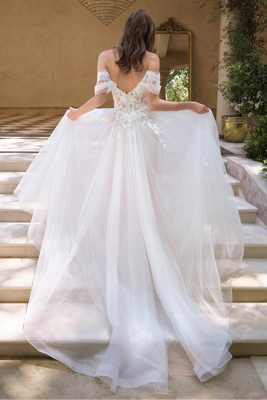 Off the shoulder floral applique wedding dress back view by Howedding