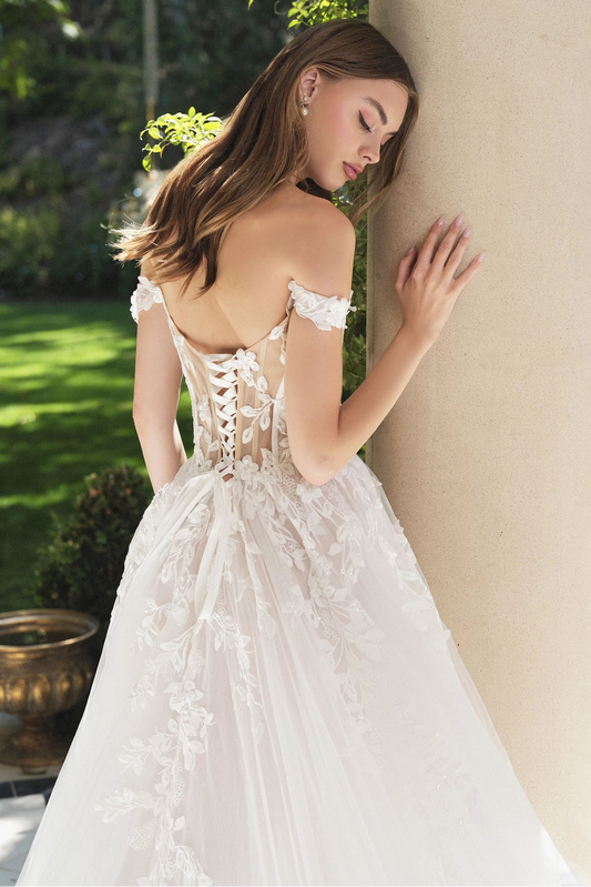 Floral lace off the shoulder A-line wedding dress back view by Howedding
