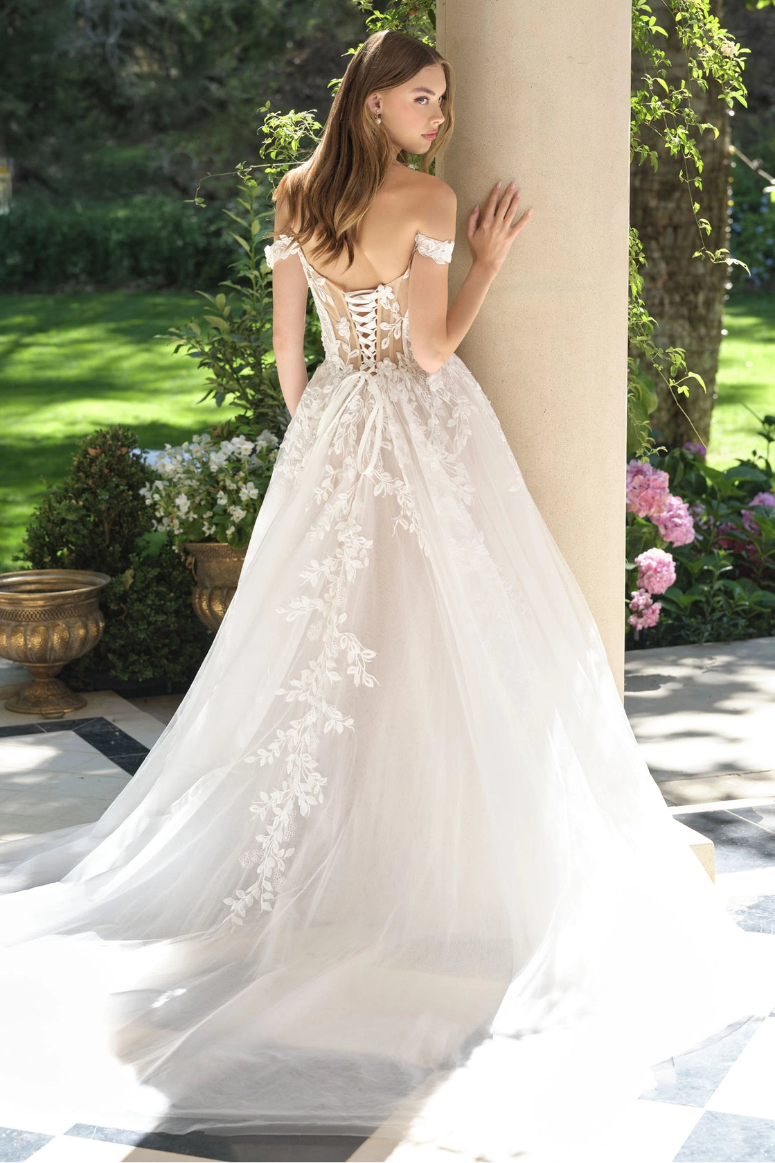 Long floral lace off the shoulder A-line wedding dress full length by Howedding