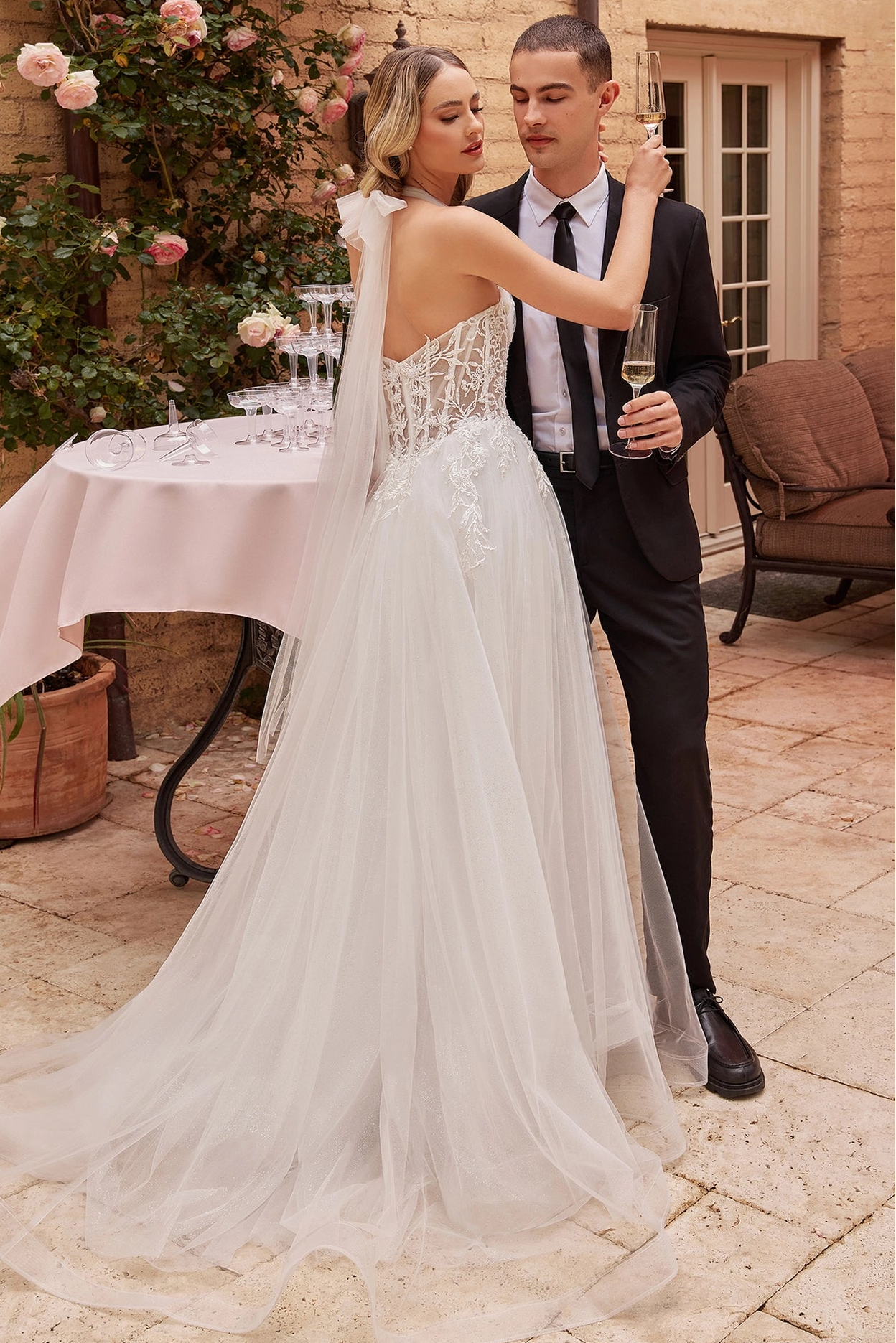 Long bridal gown halter A-line corset wedding dress back view by Howedding