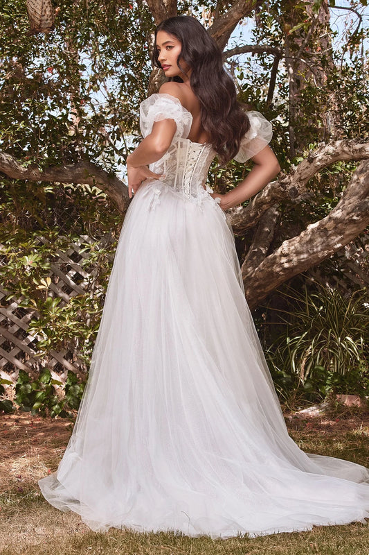2026-03 Strapless Floral Ball Gown with Puff Sleeves Wedding Dress