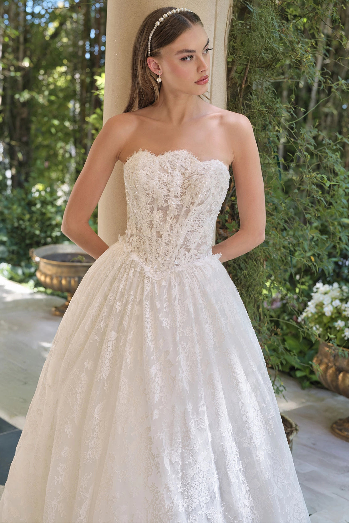 Long bridal ball gown corset lace wedding dress front view details by Howedding