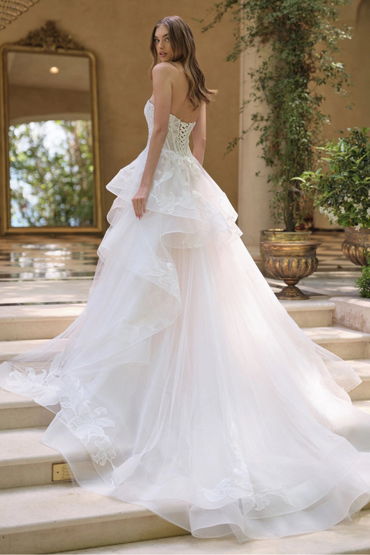 Floral ruffle ball gown wedding dress back view by Howedding