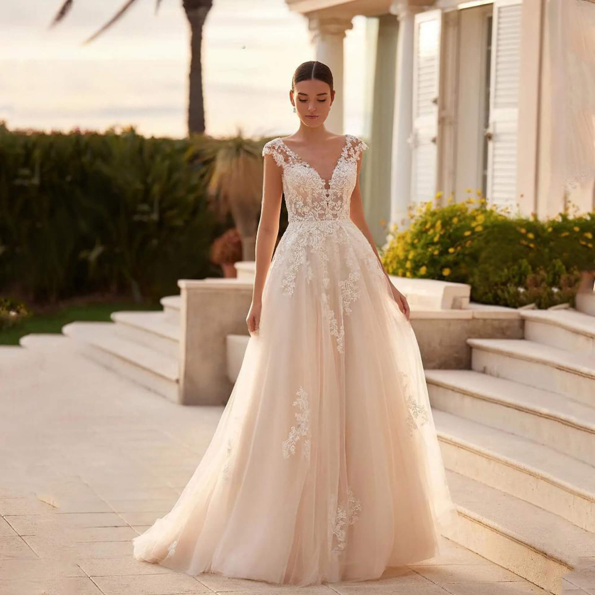 Lace a line wedding dress v neck Howedding Lace a line wedding dress v neck Howedding