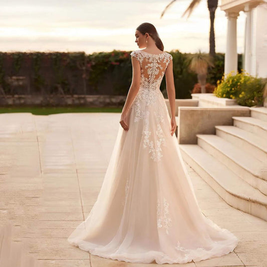 Lace a line wedding dress v neck