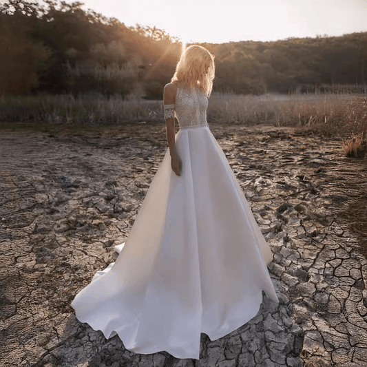 Satin lace a line wedding dress