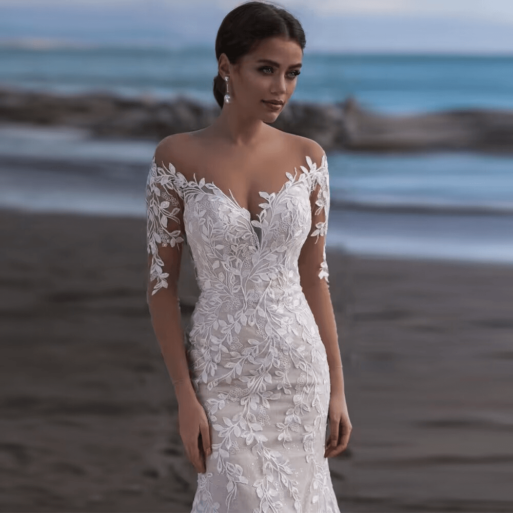 V neck long sleeve mermaid wedding dress