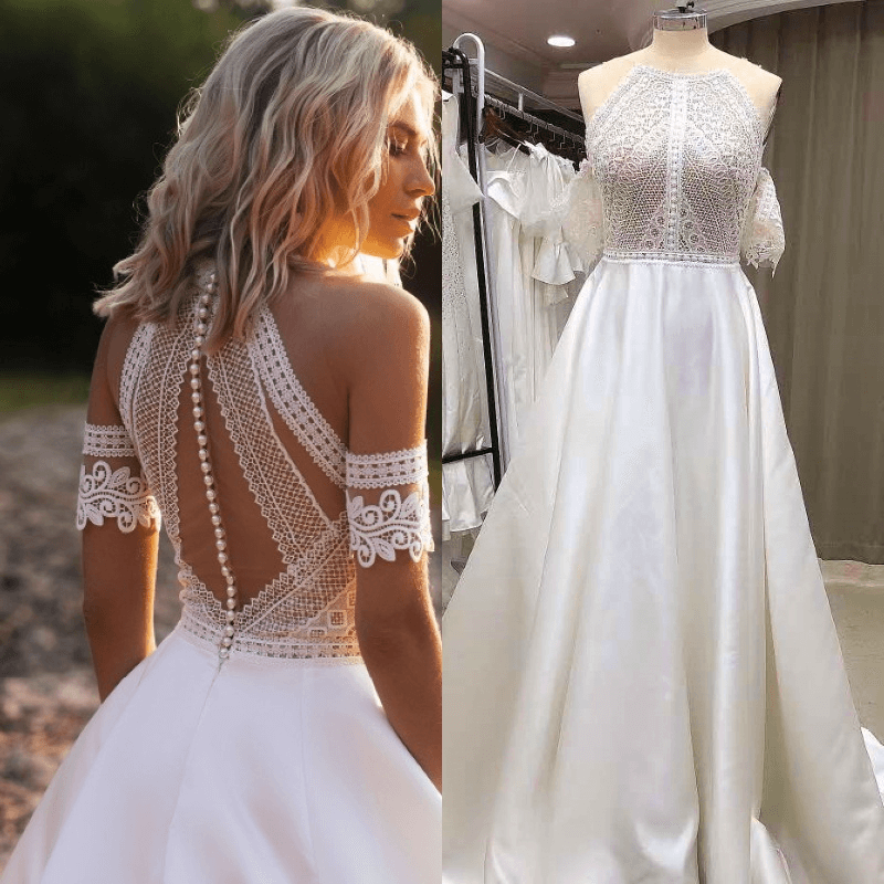Satin lace a line wedding dress  Howedding