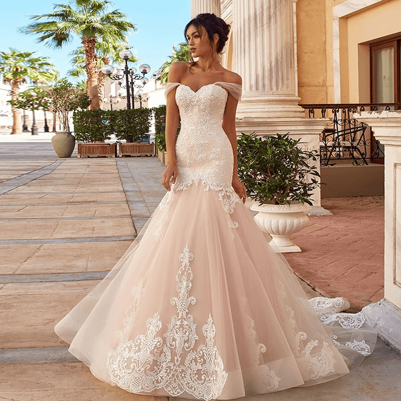 knee length dresses for ladies Blush Pink A-line Off Shoulder Long Sleeves Wedding Dress, Bridal Gown,  MW959 main image 1