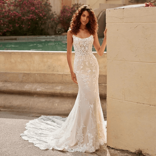 Spaghetti strap lace mermaid wedding dress | backless