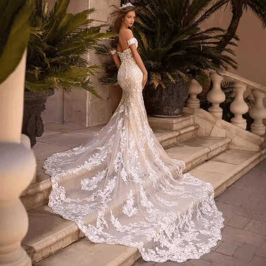 Lace mermaid wedding dress | off shoulder slim fit