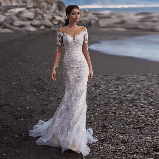 V neck long sleeve mermaid wedding dress