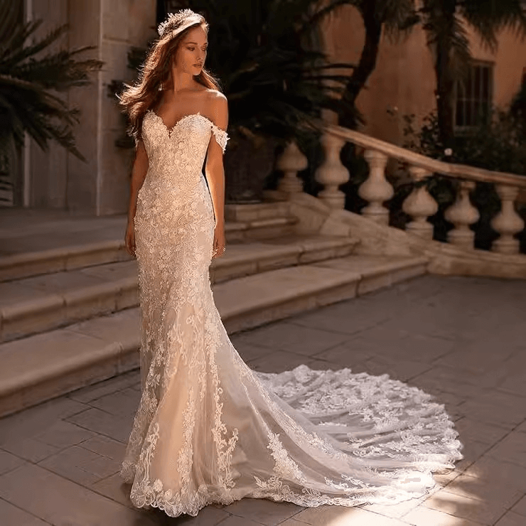Lace mermaid wedding dress | off shoulder slim fit