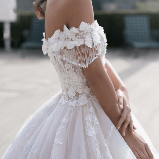 V neck off shoulder wedding dress with tassel | A line wedding dresses