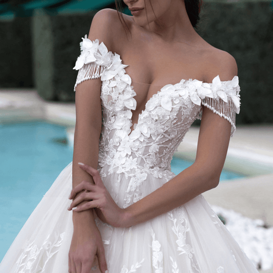 V neck off shoulder wedding dress with tassel | A line wedding dresses