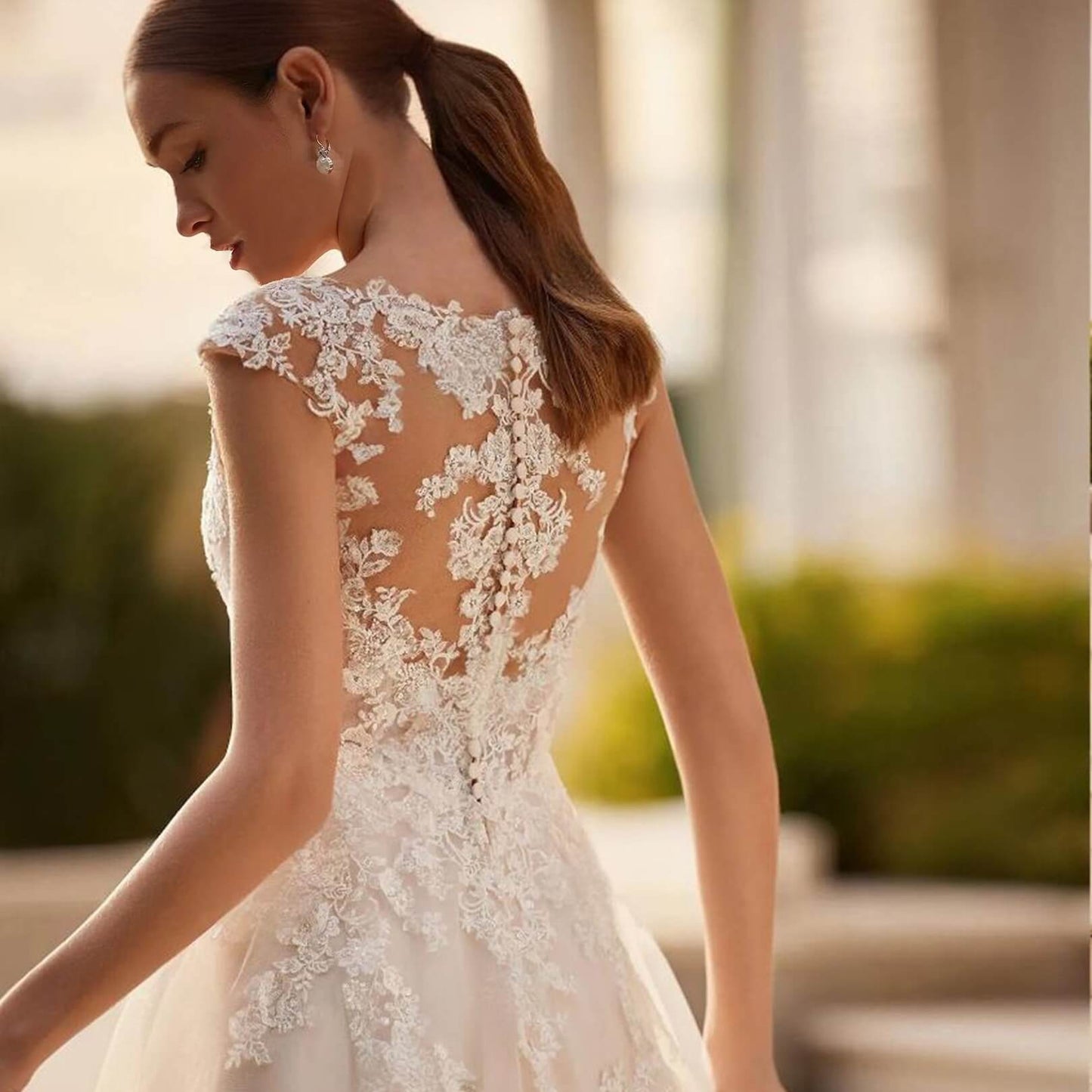 Lace a line wedding dress v neck