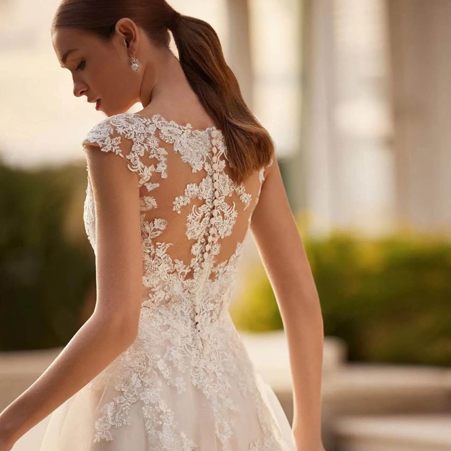 Lace A-line V-neck wedding dress front view detail by Howedding