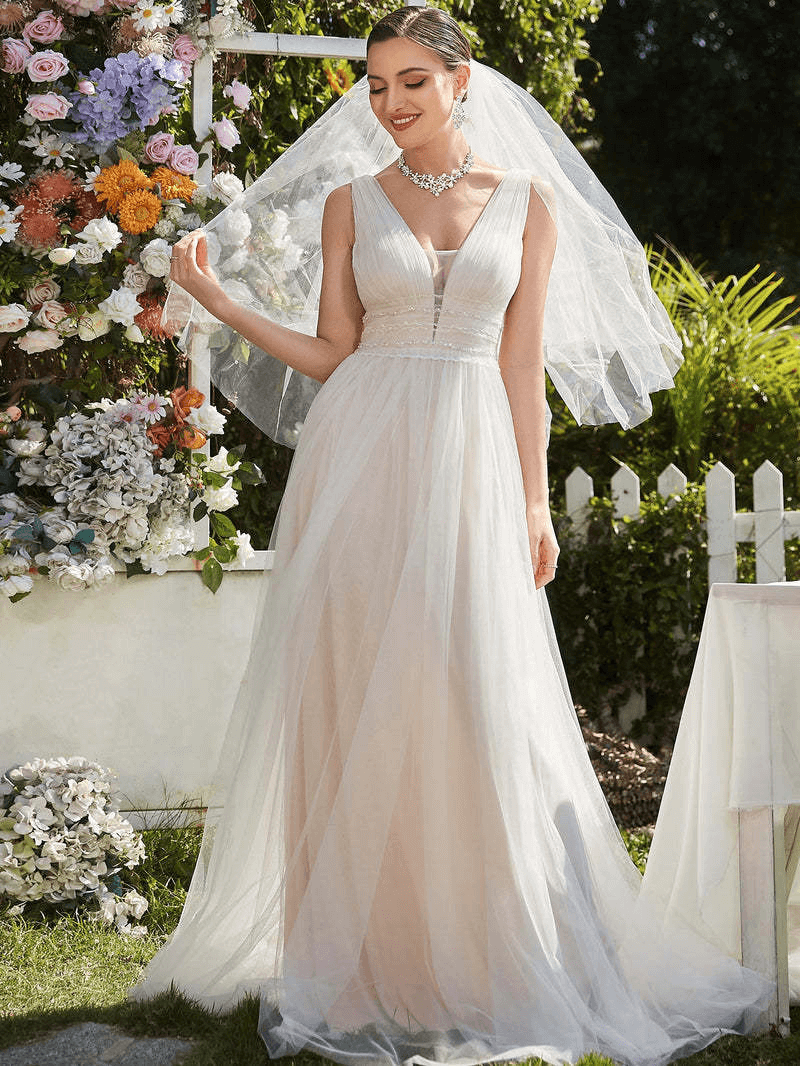 Sleeveless V-neck A-line wedding dress