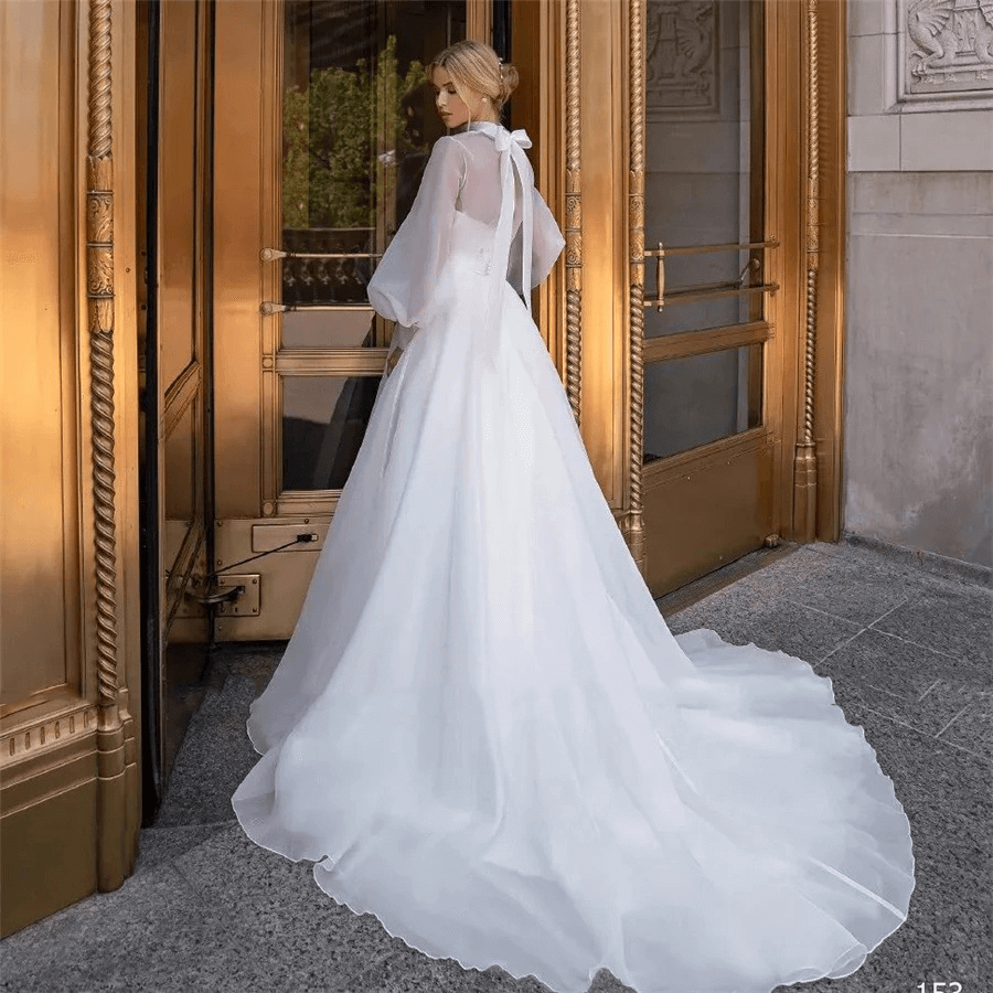 Puff sleeve wedding dress | bow on wedding dress |small train