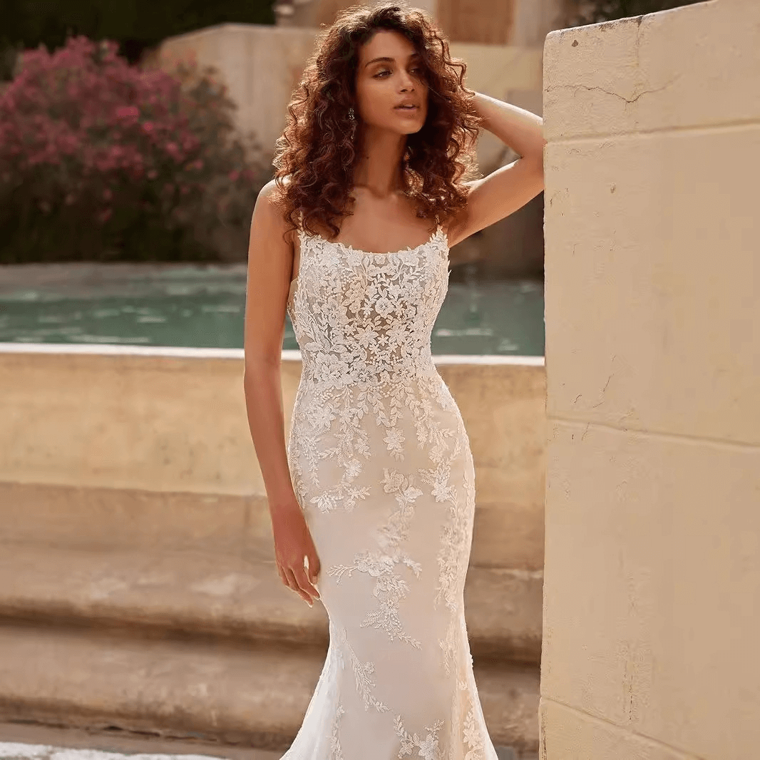 Spaghetti strap lace mermaid wedding dress | backless