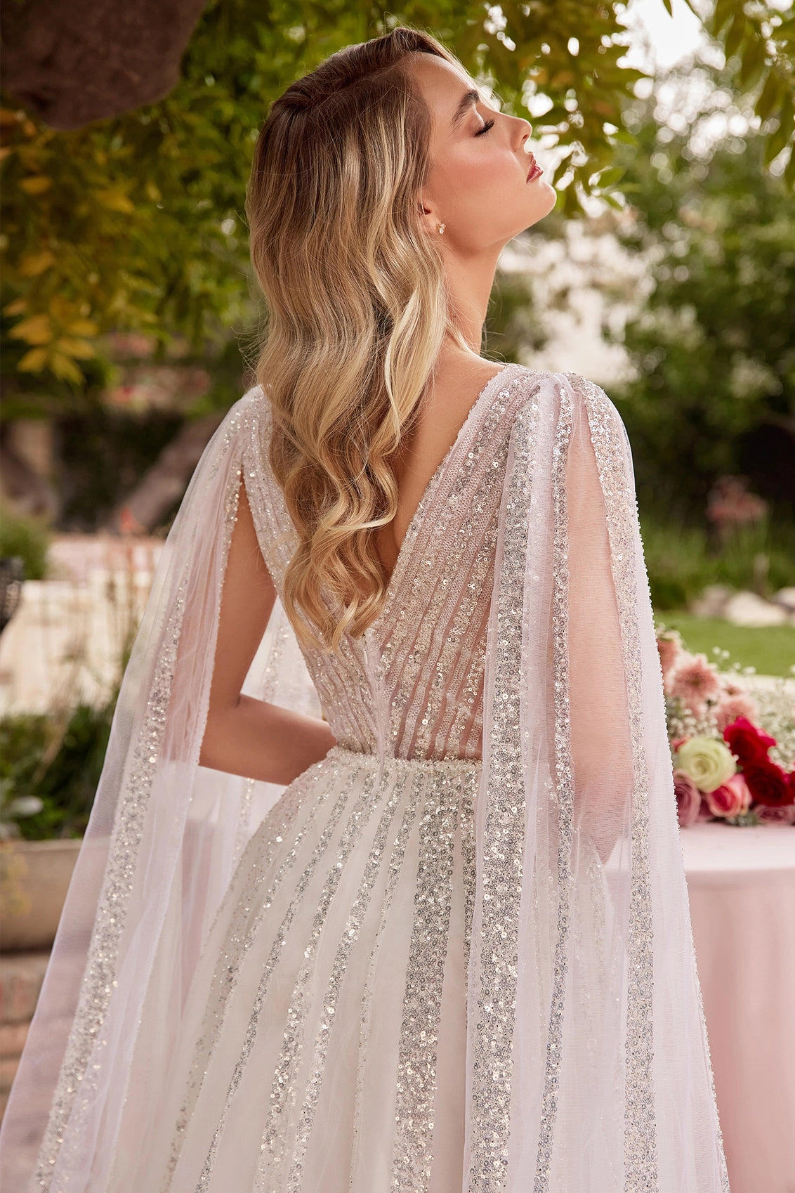 2026-19 A Line Bridal Gown Long Sequin Cape Wedding Dress