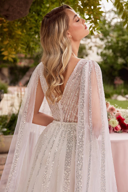 2026-19 A Line Bridal Gown Long Sequin Cape Wedding Dress