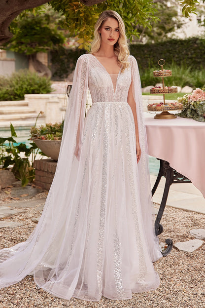 2026-19 A Line Bridal Gown Long Sequin Cape Wedding Dress
