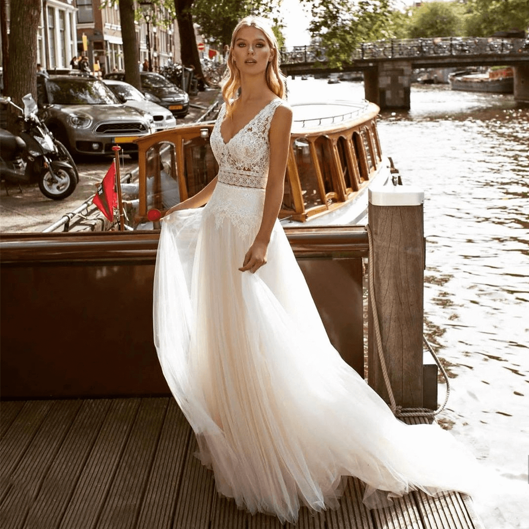 Lace a line wedding dress | simple wedding dress | V-NECK