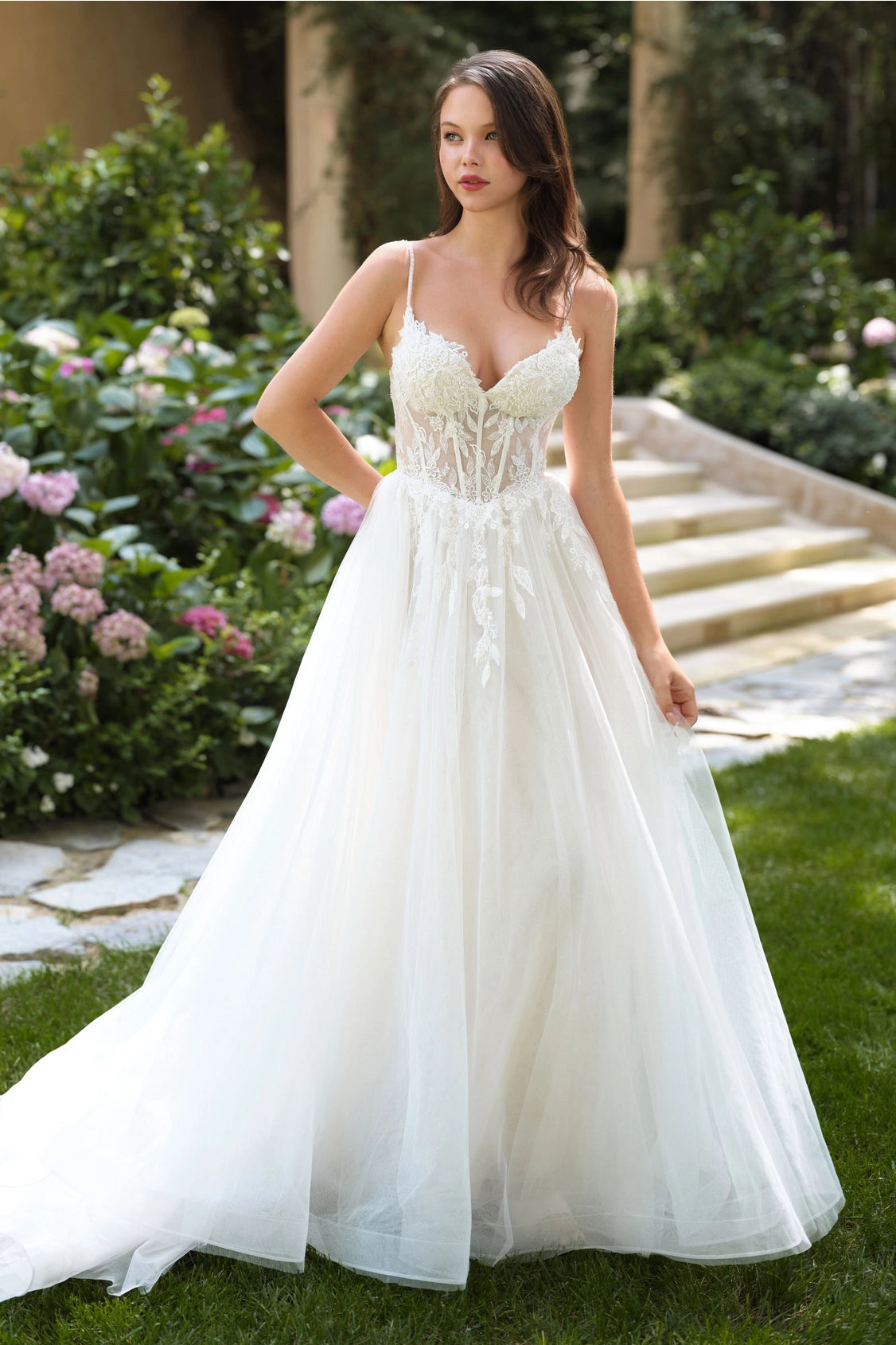 2026-69 Floral Lace Applique Spaghetti Straps Corset A Line Wedding Dress