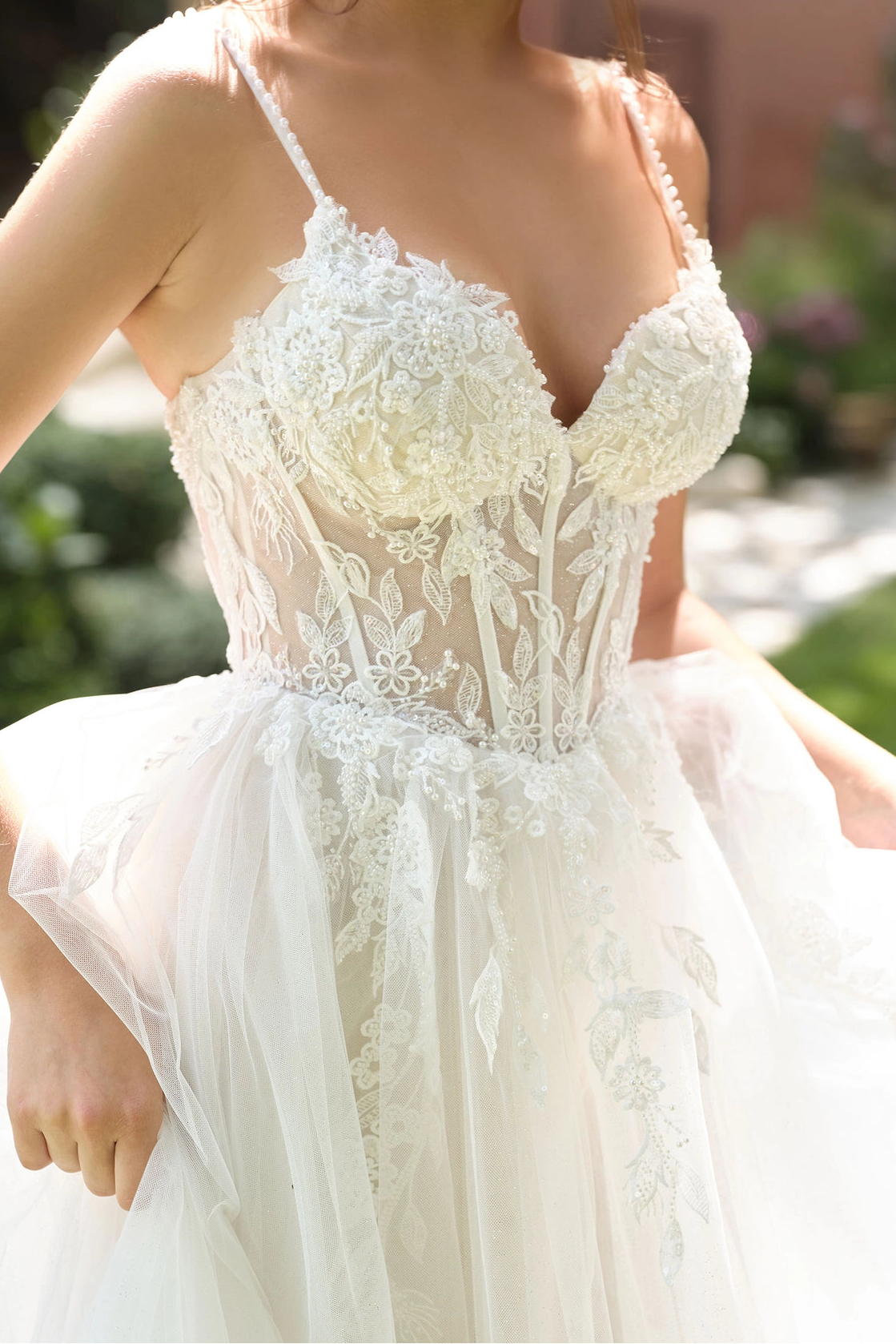 Spaghetti Strap Floral Corset A-line Wedding Dress|Howedding