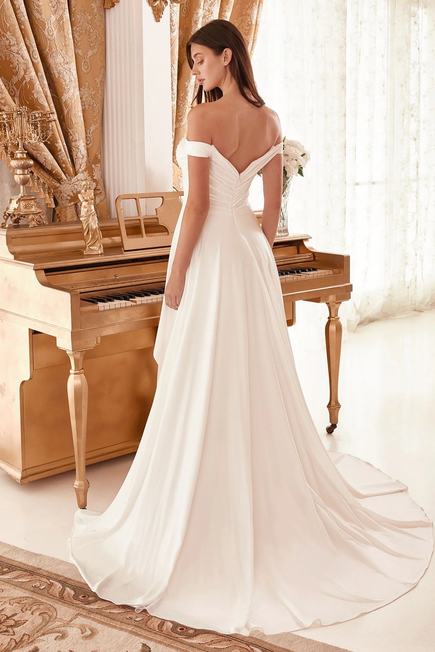 2026-99 Draped Off the Shoulder Wedding Dress with Overskirt