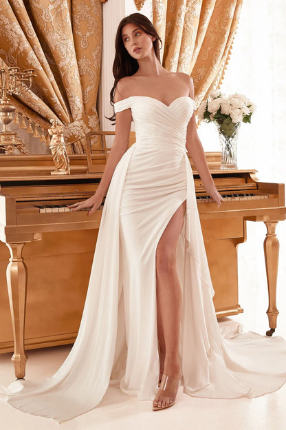 2026-99 Draped Off the Shoulder Wedding Dress with Overskirt