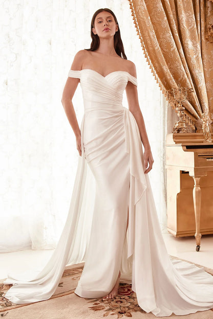 2026-99 Draped Off the Shoulder Wedding Dress with Overskirt