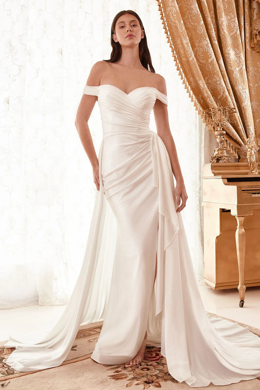 2026-99 Draped Off the Shoulder Wedding Dress with Overskirt