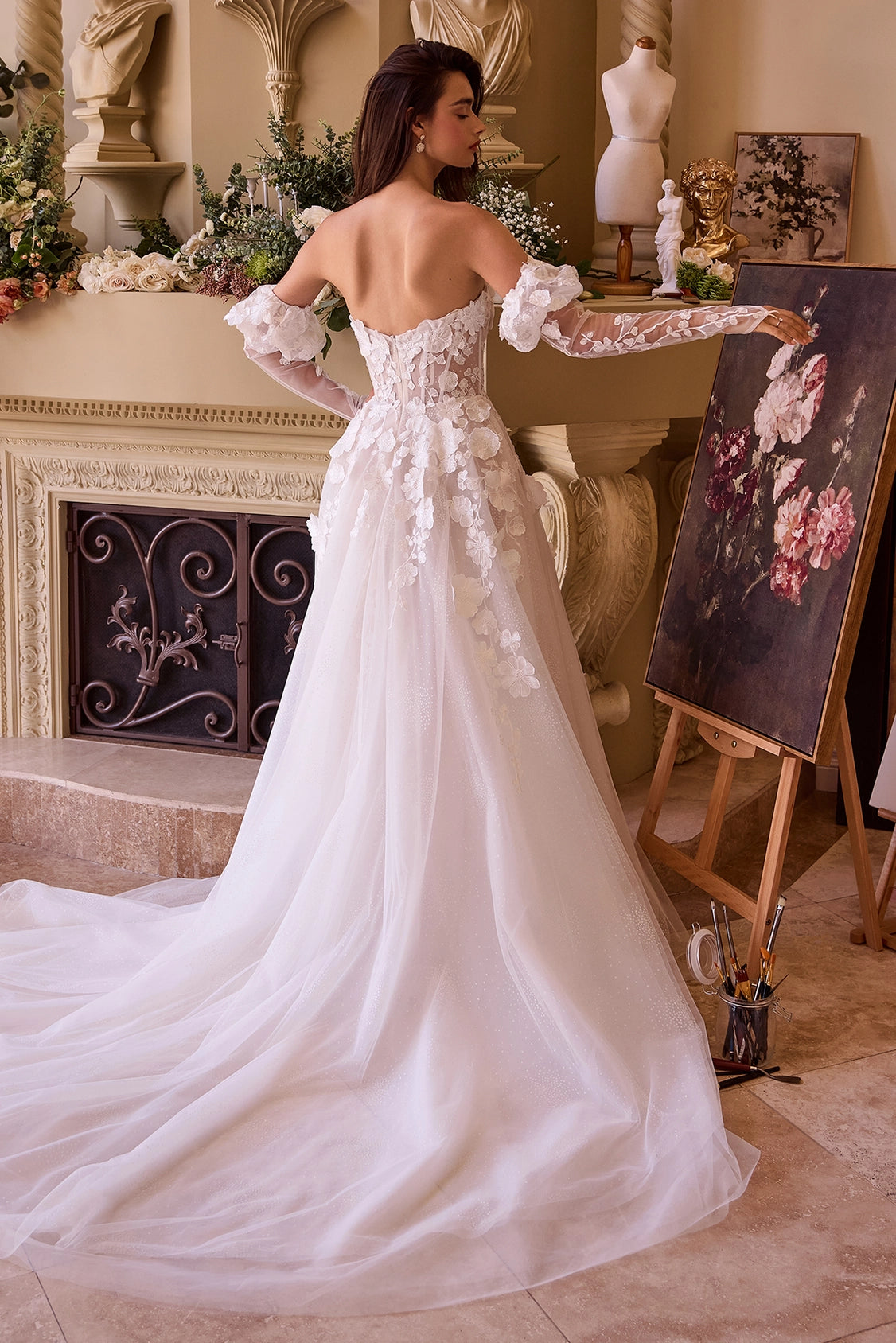 Floral applique strapless A-line wedding dress with long sleeves back view by Howedding