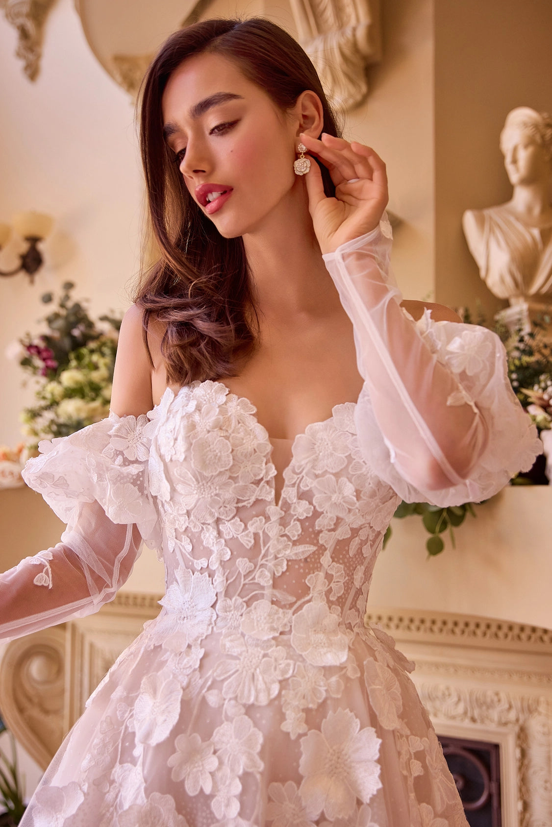 Floral applique strapless A-line wedding dress with long sleeves details by Howedding