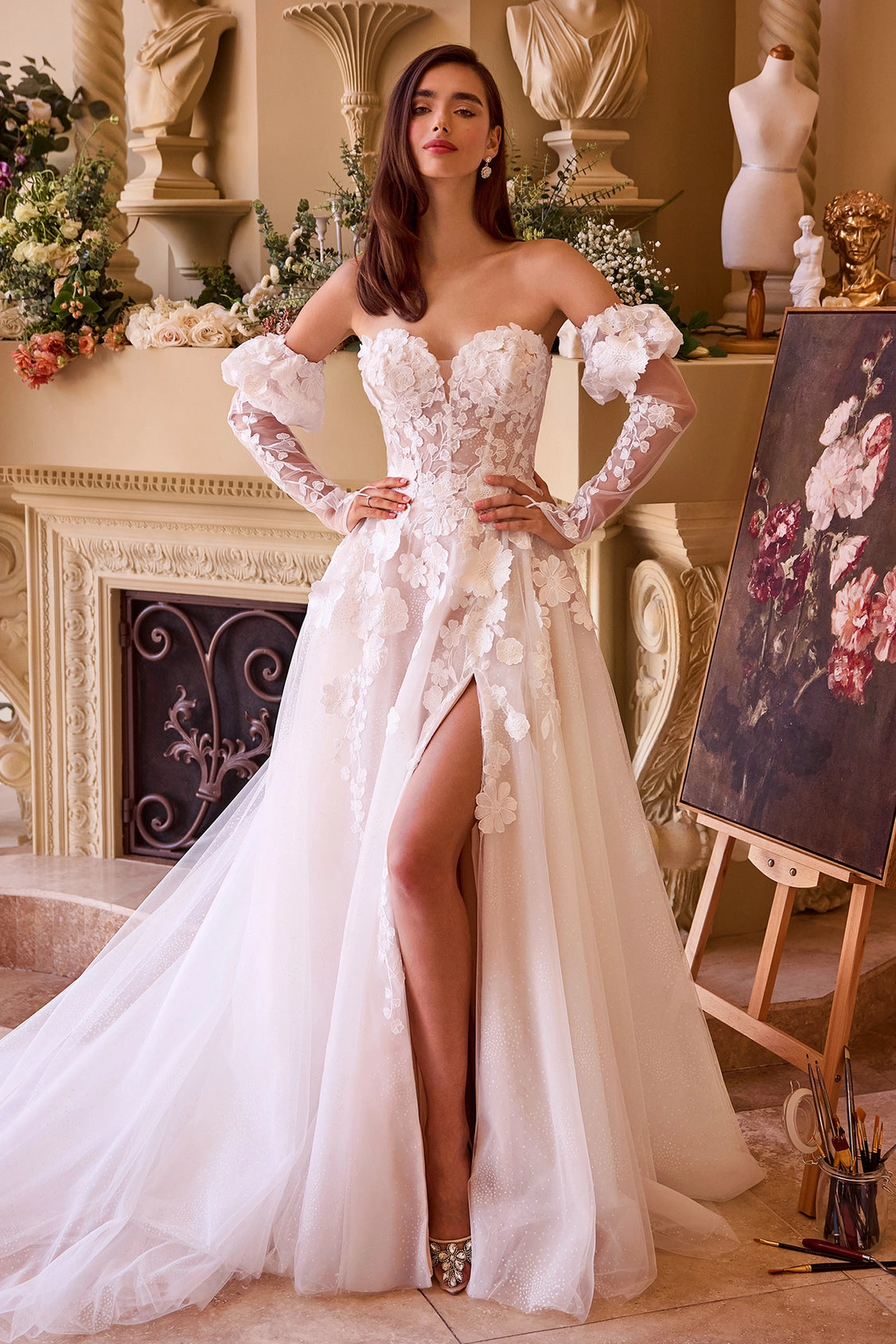 Floral applique strapless A-line wedding dress with long sleeves by Howedding