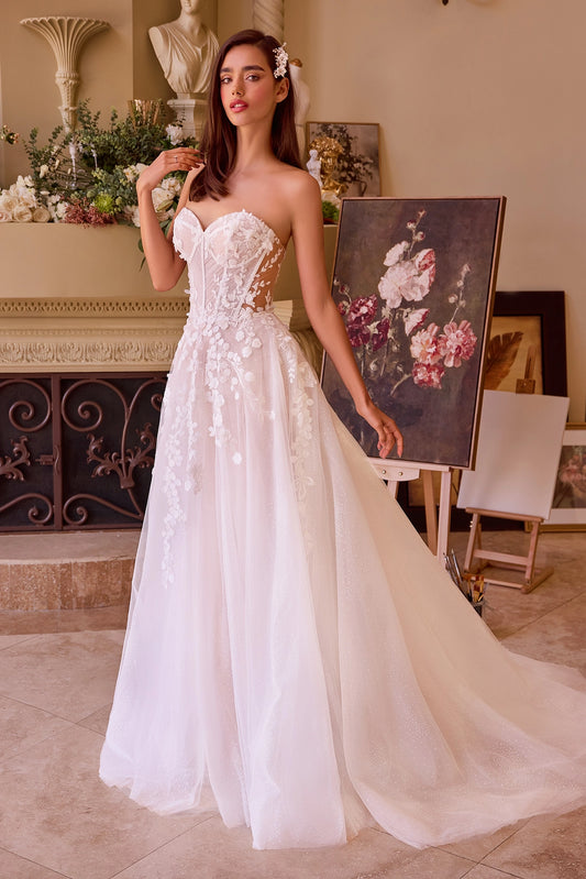 2026-84 Floral Appliqued Strapless Ball Gown Wedding Dress