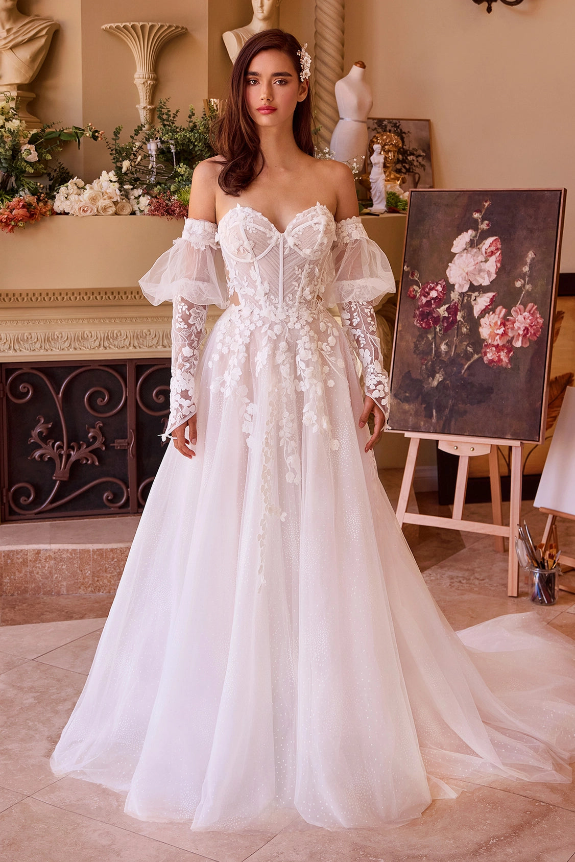 2026-84 Floral Appliqued Strapless Ball Gown Wedding Dress